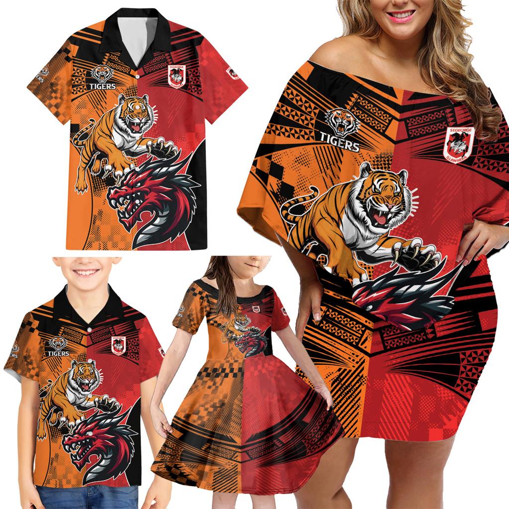 Custom Dragons and Tigers Family Matching Off Shoulder Short Dress and Hawaiian Shirt Rugby Mascot With Sporty Style