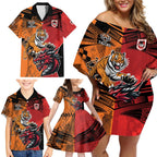 Custom Dragons and Tigers Family Matching Off Shoulder Short Dress and Hawaiian Shirt Rugby Mascot With Sporty Style