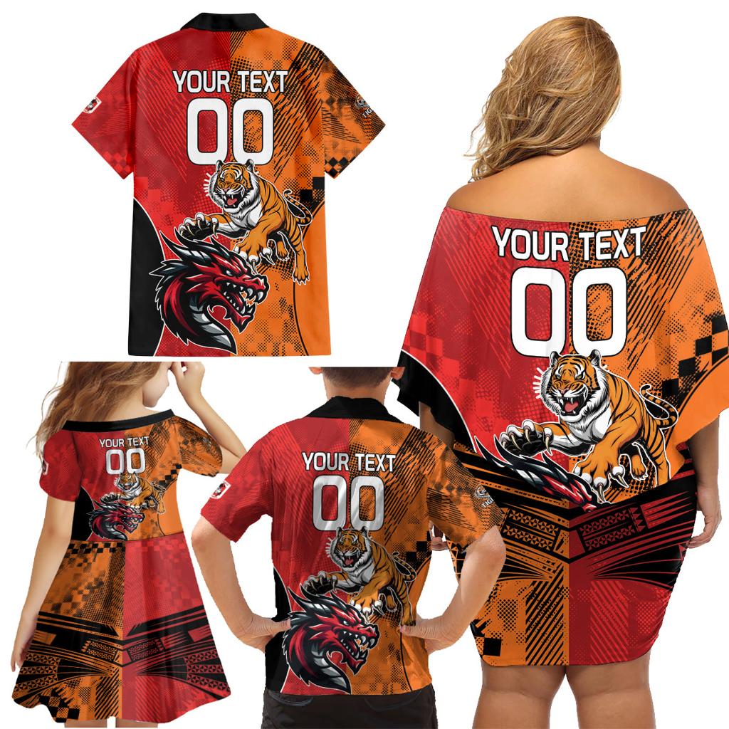 Custom Dragons and Tigers Family Matching Off Shoulder Short Dress and Hawaiian Shirt Rugby Mascot With Sporty Style