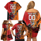 Custom Dragons and Tigers Family Matching Off Shoulder Short Dress and Hawaiian Shirt Rugby Mascot With Sporty Style