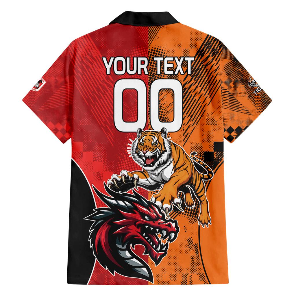 Custom Dragons and Tigers Family Matching Off Shoulder Short Dress and Hawaiian Shirt Rugby Mascot With Sporty Style