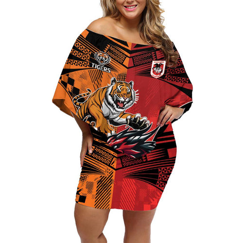 Custom Dragons and Tigers Family Matching Off Shoulder Short Dress and Hawaiian Shirt Rugby Mascot With Sporty Style