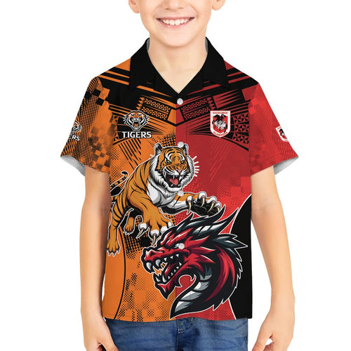 Custom Dragons and Tigers Family Matching Off Shoulder Short Dress and Hawaiian Shirt Rugby Mascot With Sporty Style