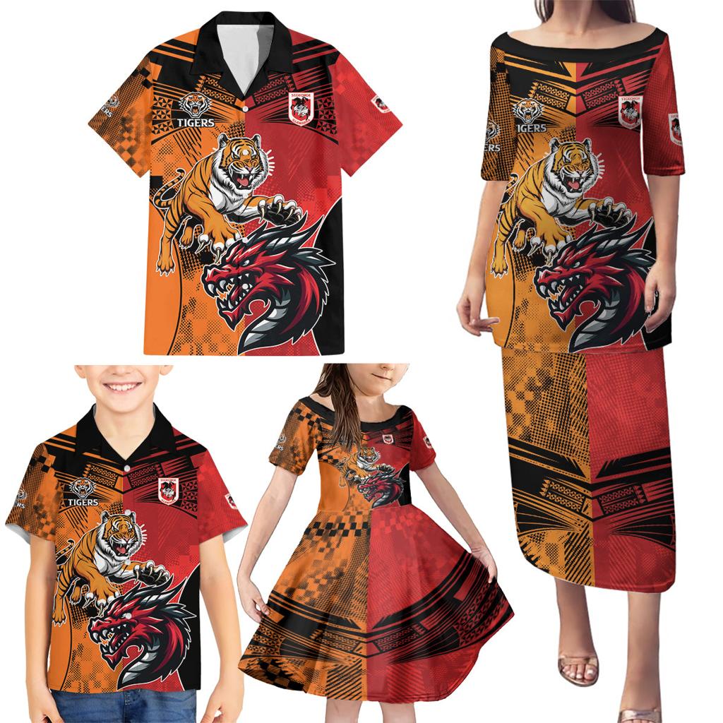 Custom Dragons and Tigers Family Matching Puletasi and Hawaiian Shirt Rugby Mascot With Sporty Style