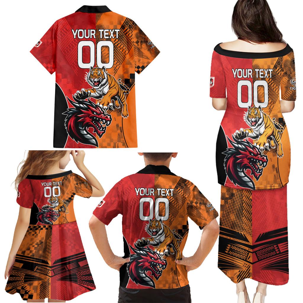 Custom Dragons and Tigers Family Matching Puletasi and Hawaiian Shirt Rugby Mascot With Sporty Style