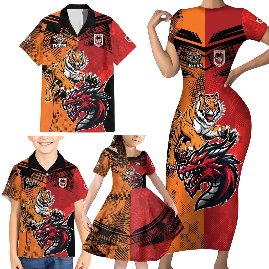 Custom Dragons and Tigers Family Matching Short Sleeve Bodycon Dress and Hawaiian Shirt Rugby Mascot With Sporty Style