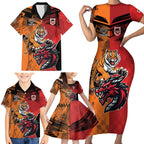 Custom Dragons and Tigers Family Matching Short Sleeve Bodycon Dress and Hawaiian Shirt Rugby Mascot With Sporty Style
