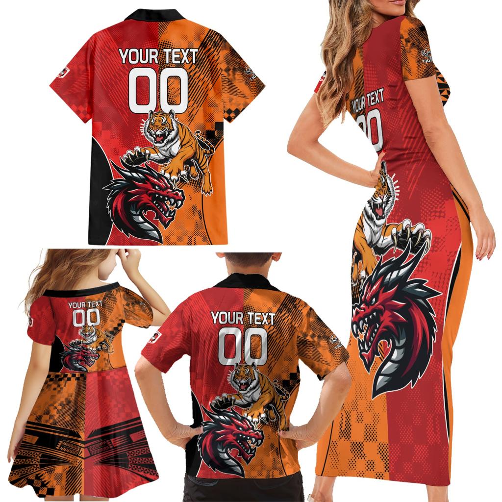 Custom Dragons and Tigers Family Matching Short Sleeve Bodycon Dress and Hawaiian Shirt Rugby Mascot With Sporty Style