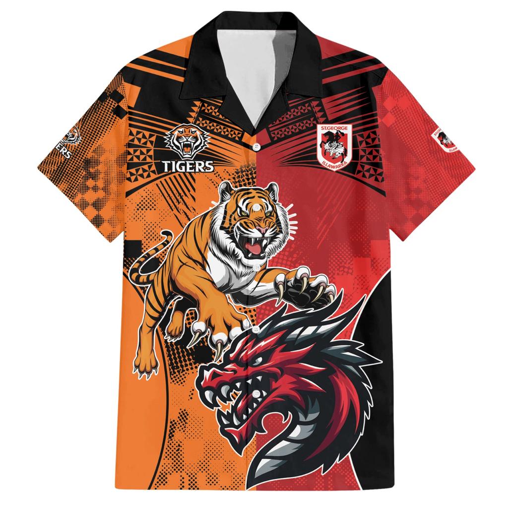 Custom Dragons and Tigers Family Matching Short Sleeve Bodycon Dress and Hawaiian Shirt Rugby Mascot With Sporty Style