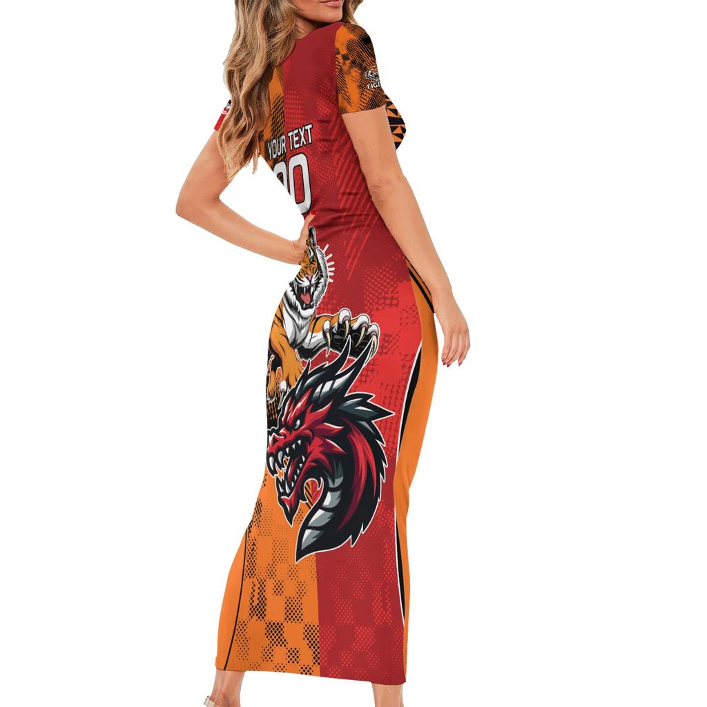 Custom Dragons and Tigers Family Matching Short Sleeve Bodycon Dress and Hawaiian Shirt Rugby Mascot With Sporty Style