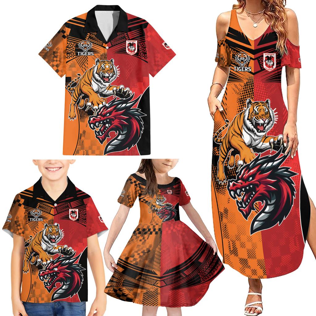 Custom Dragons and Tigers Family Matching Summer Maxi Dress and Hawaiian Shirt Rugby Mascot With Sporty Style