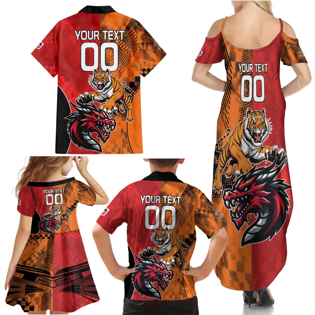 Custom Dragons and Tigers Family Matching Summer Maxi Dress and Hawaiian Shirt Rugby Mascot With Sporty Style