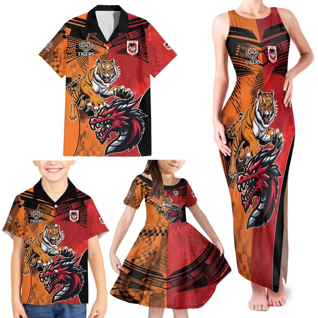 Custom Dragons and Tigers Family Matching Tank Maxi Dress and Hawaiian Shirt Rugby Mascot With Sporty Style