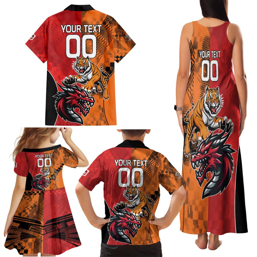 Custom Dragons and Tigers Family Matching Tank Maxi Dress and Hawaiian Shirt Rugby Mascot With Sporty Style