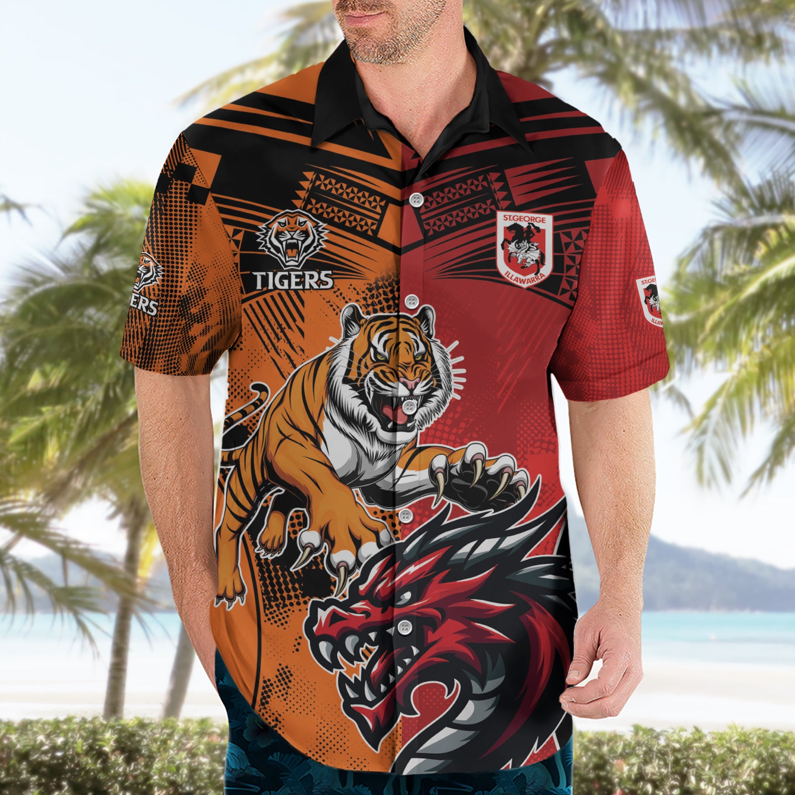 Custom Dragons and Tigers Hawaiian Shirt Rugby Mascot With Sporty Style