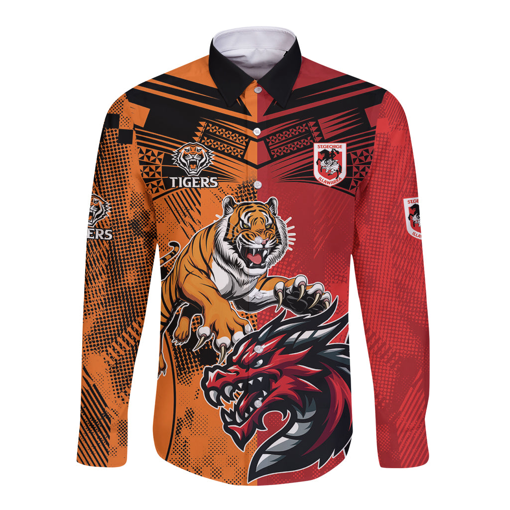 Custom Dragons and Tigers Long Sleeve Button Shirt Rugby Mascot With Sporty Style