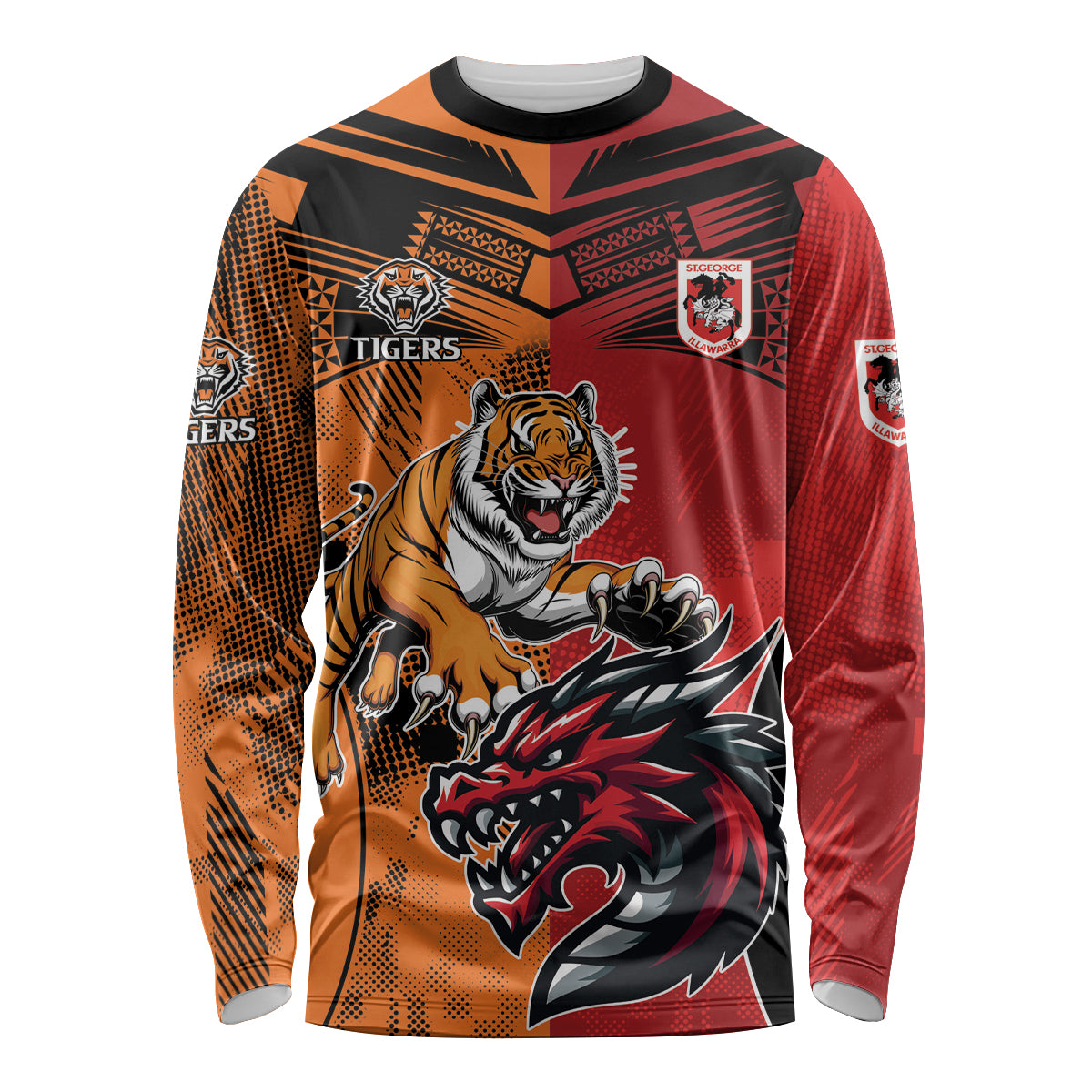 Custom Dragons and Tigers Long Sleeve Shirt Rugby Mascot With Sporty Style