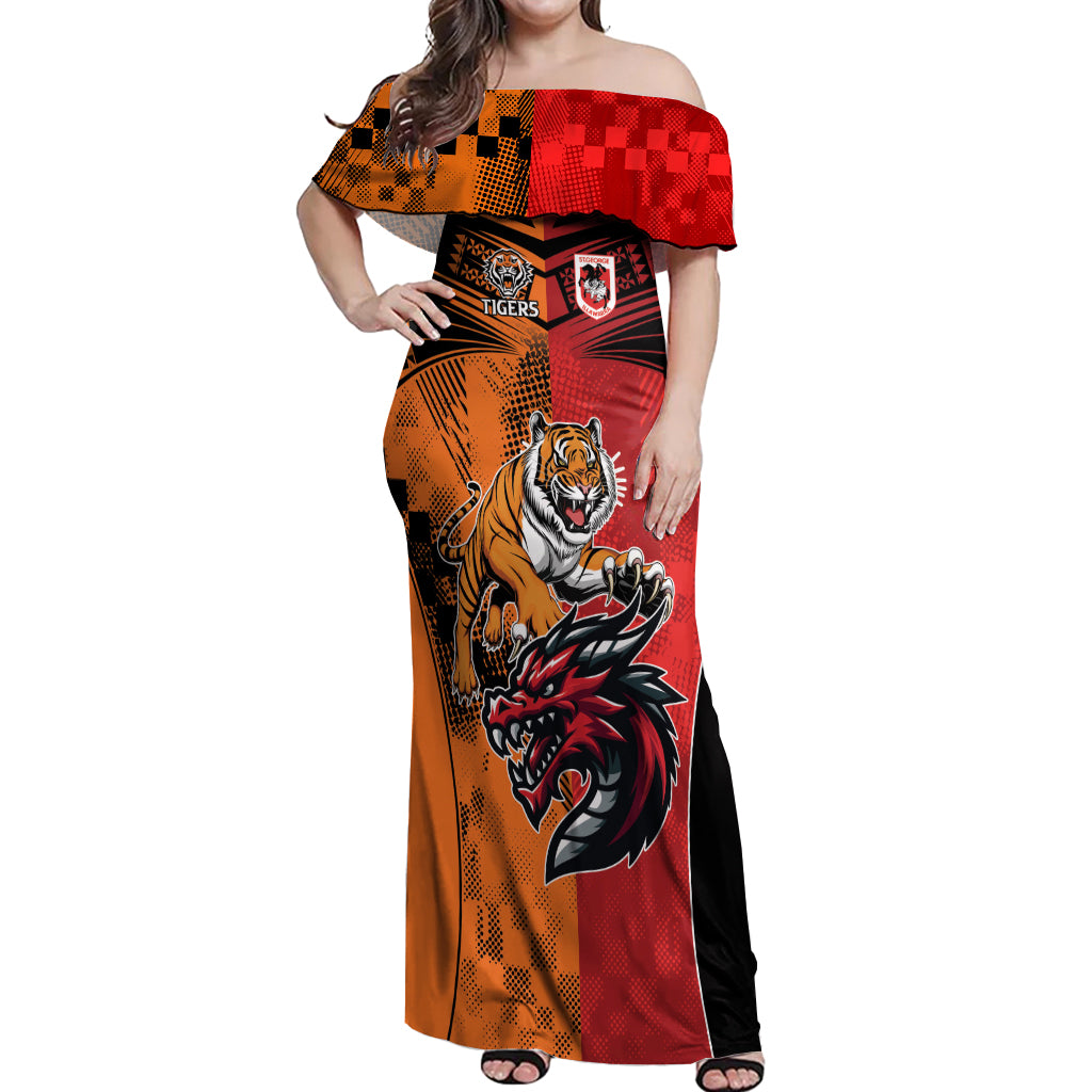 Custom Dragons and Tigers Off Shoulder Maxi Dress Rugby Mascot With Sporty Style