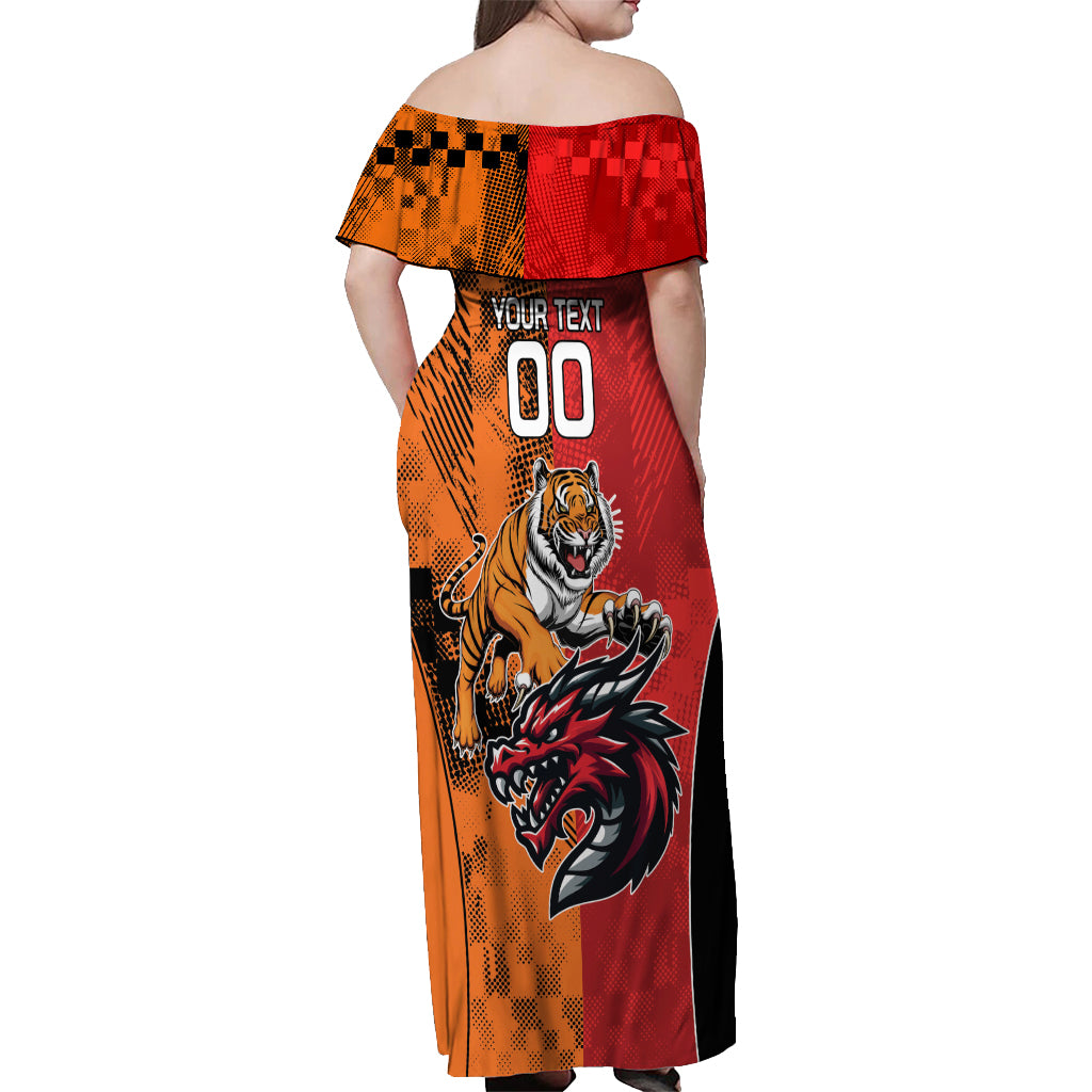 Custom Dragons and Tigers Off Shoulder Maxi Dress Rugby Mascot With Sporty Style