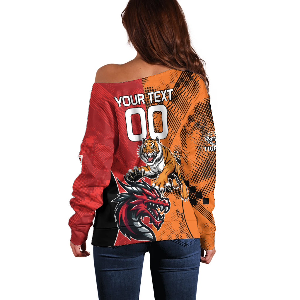Custom Dragons and Tigers Off Shoulder Sweater Rugby Mascot With Sporty Style