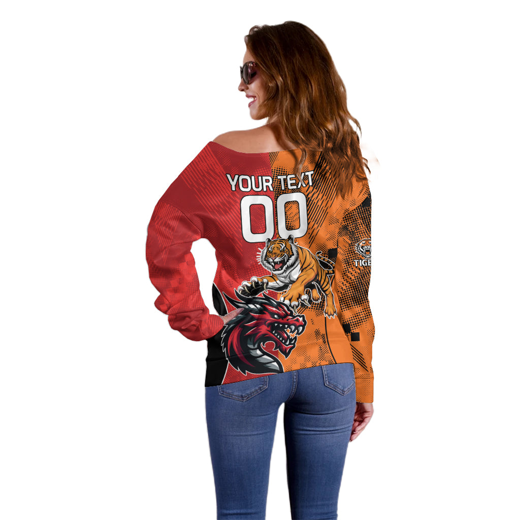 Custom Dragons and Tigers Off Shoulder Sweater Rugby Mascot With Sporty Style