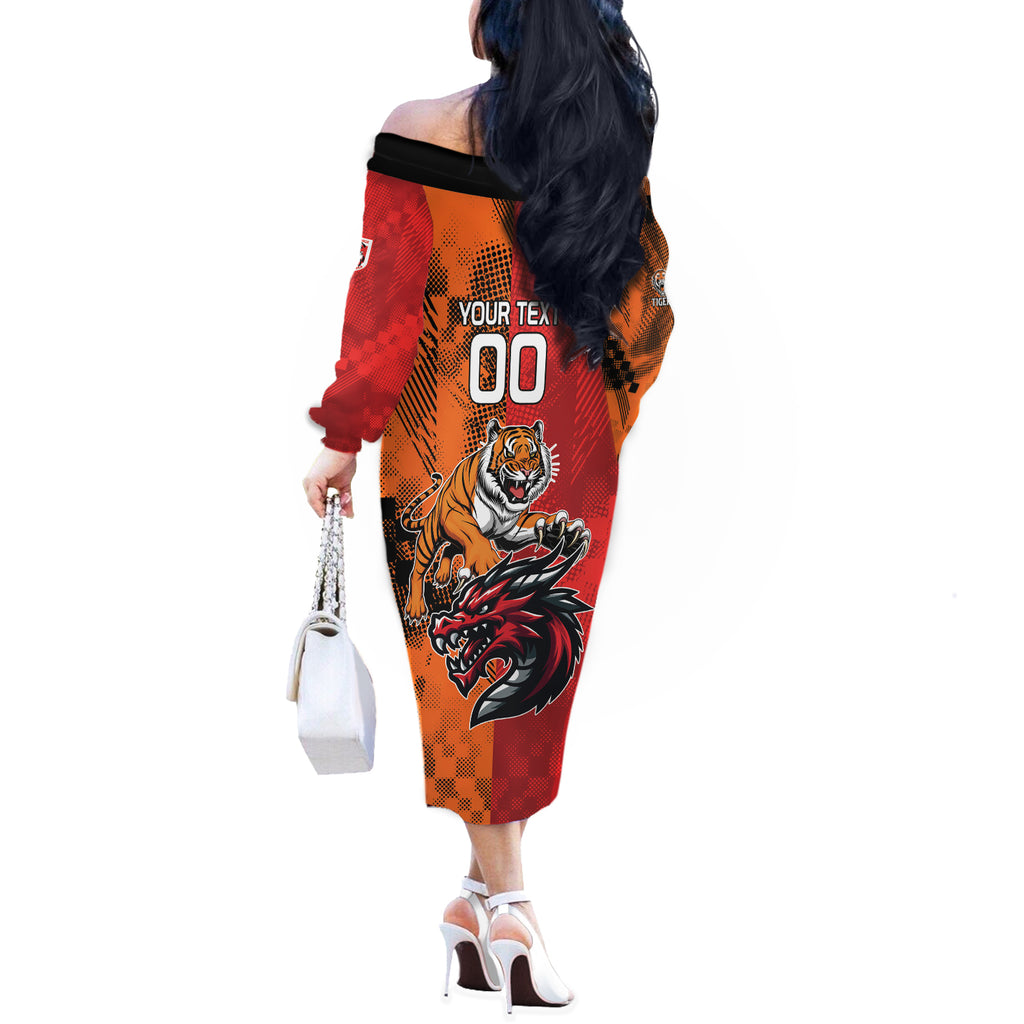 Custom Dragons and Tigers Off The Shoulder Long Sleeve Dress Rugby Mascot With Sporty Style