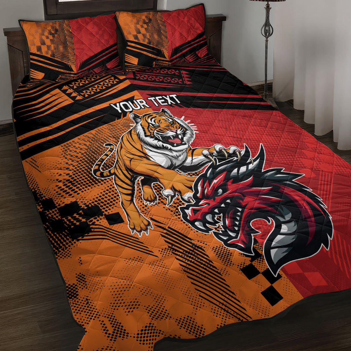 Custom Dragons and Tigers Quilt Bed Set Rugby Mascot With Sporty Style