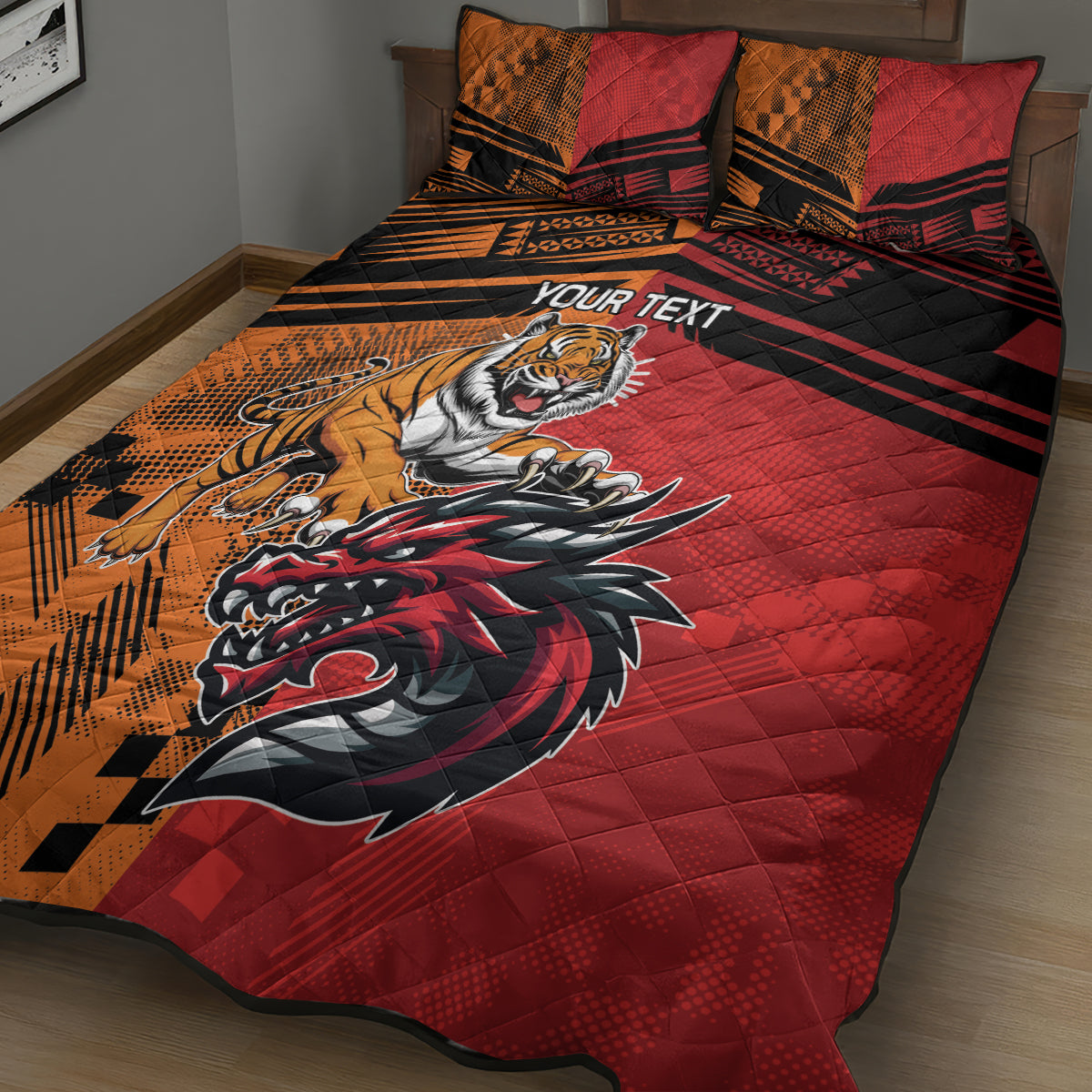 Custom Dragons and Tigers Quilt Bed Set Rugby Mascot With Sporty Style