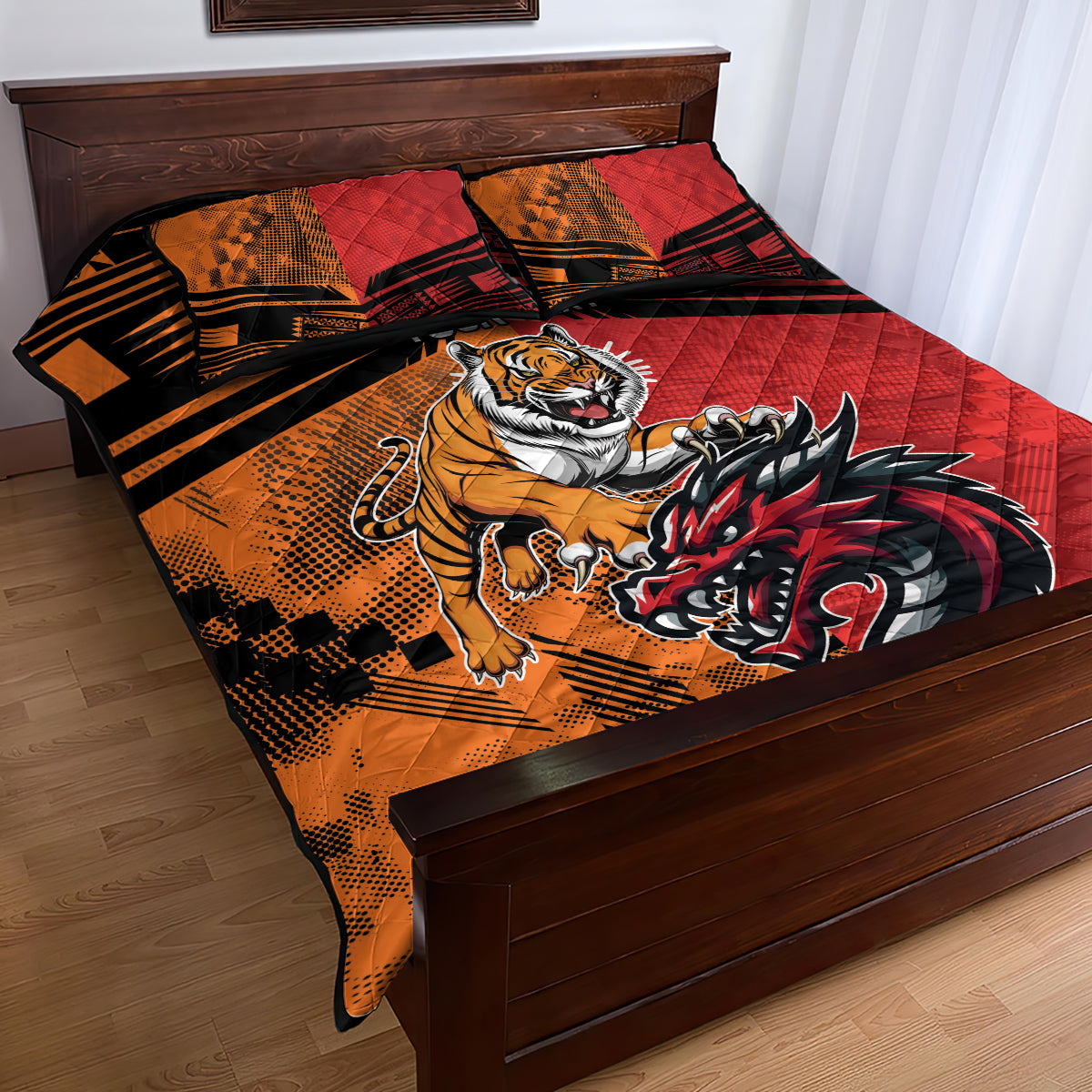 Custom Dragons and Tigers Quilt Bed Set Rugby Mascot With Sporty Style