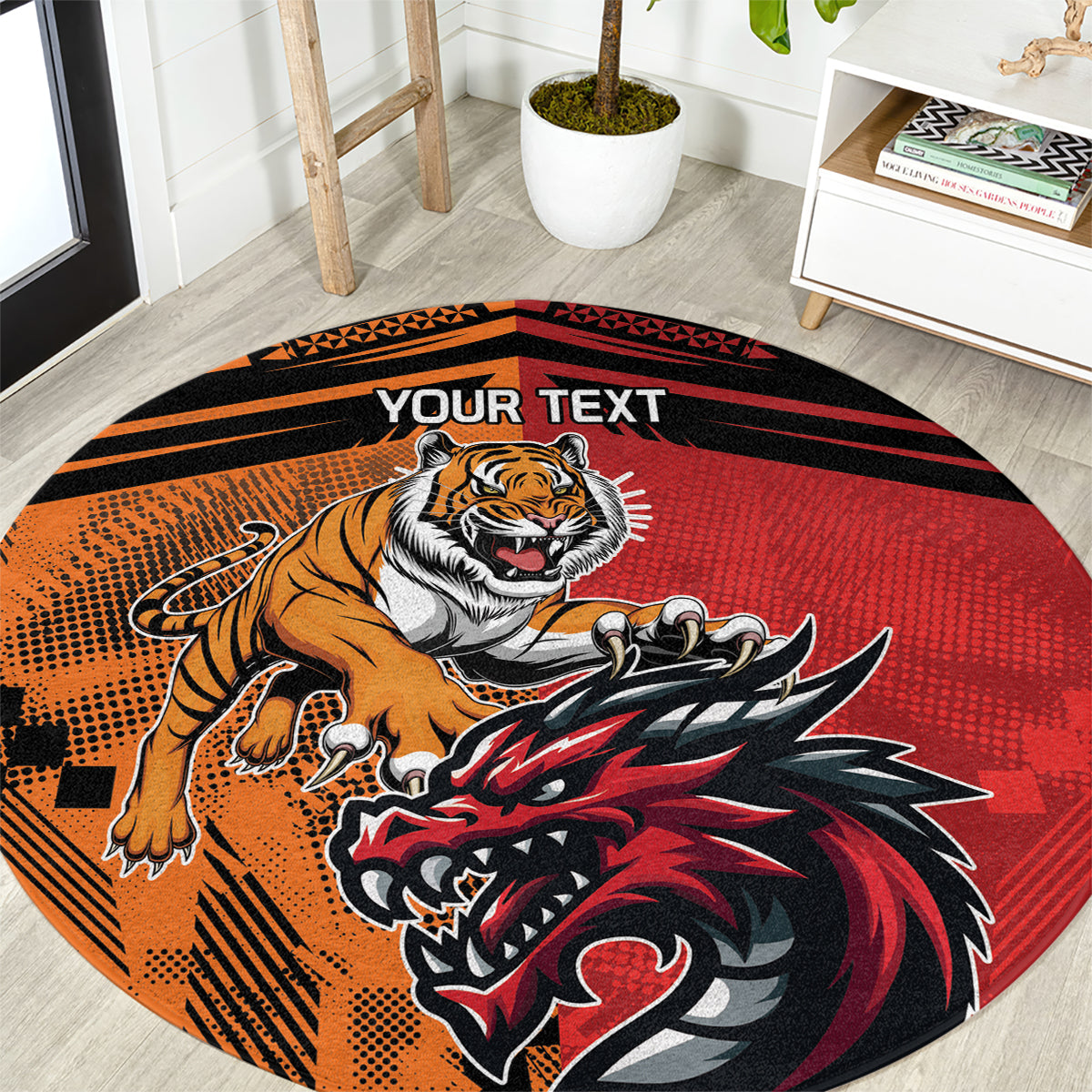 Custom Dragons and Tigers Round Carpet Rugby Mascot With Sporty Style