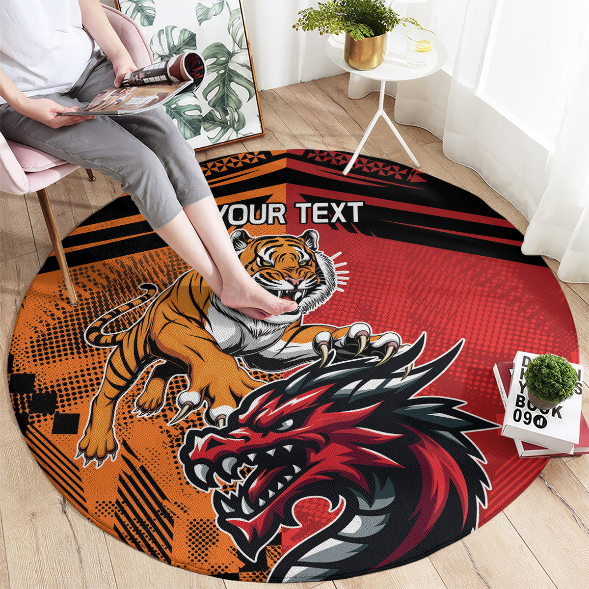 Custom Dragons and Tigers Round Carpet Rugby Mascot With Sporty Style