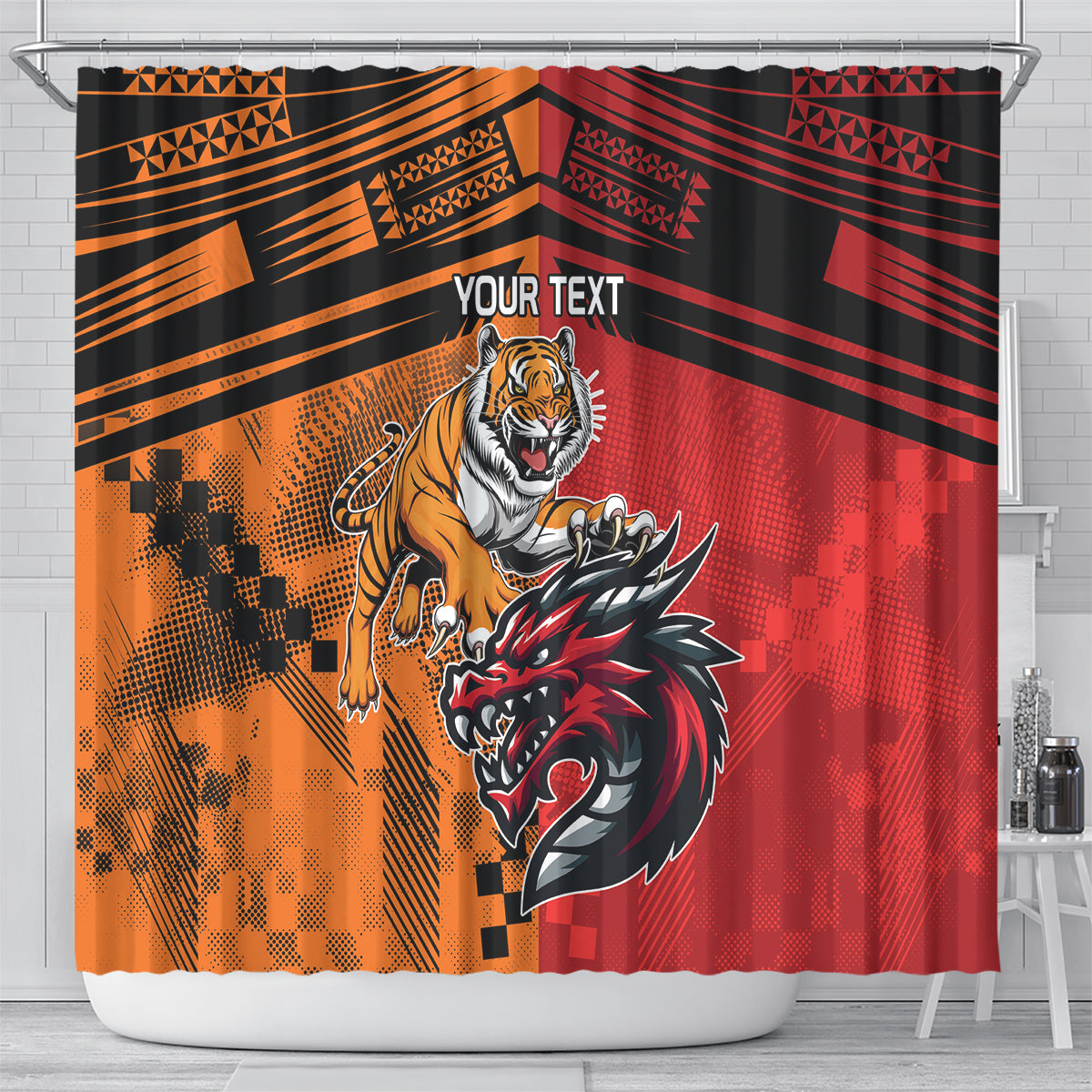 Custom Dragons and Tigers Shower Curtain Rugby Mascot With Sporty Style