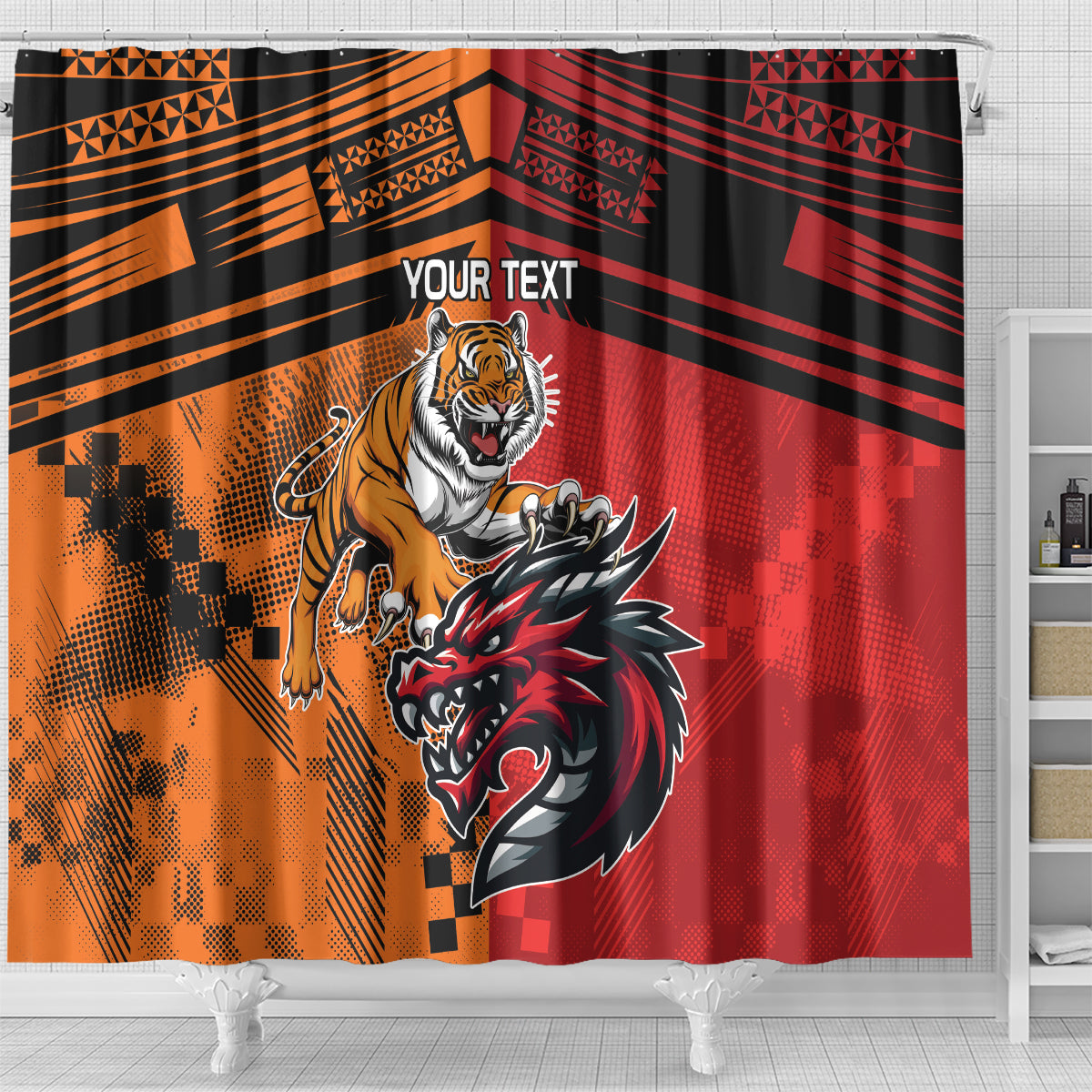 Custom Dragons and Tigers Shower Curtain Rugby Mascot With Sporty Style