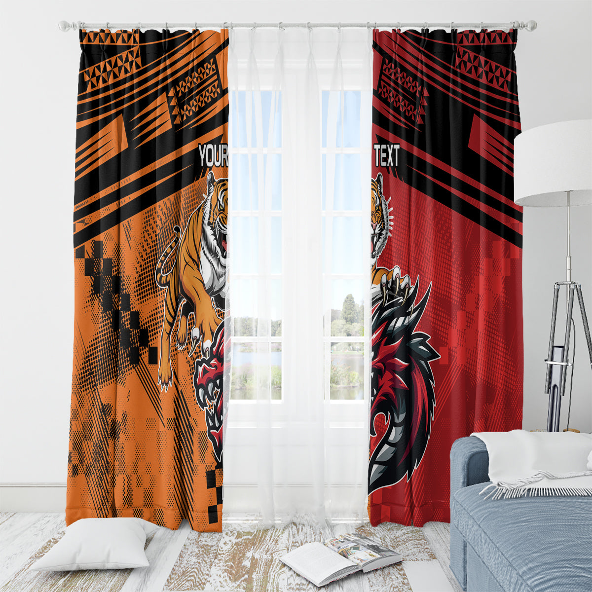 Custom Dragons and Tigers Window Curtain Rugby Mascot With Sporty Style