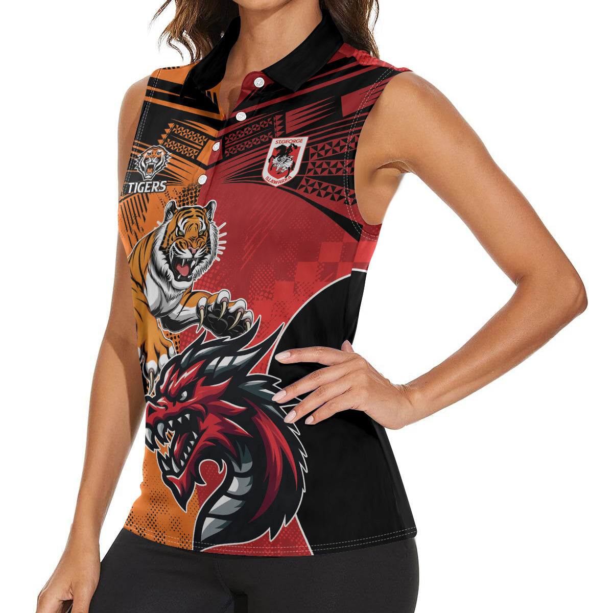 Custom Dragons and Tigers Women Sleeveless Polo Shirt Rugby Mascot With Sporty Style