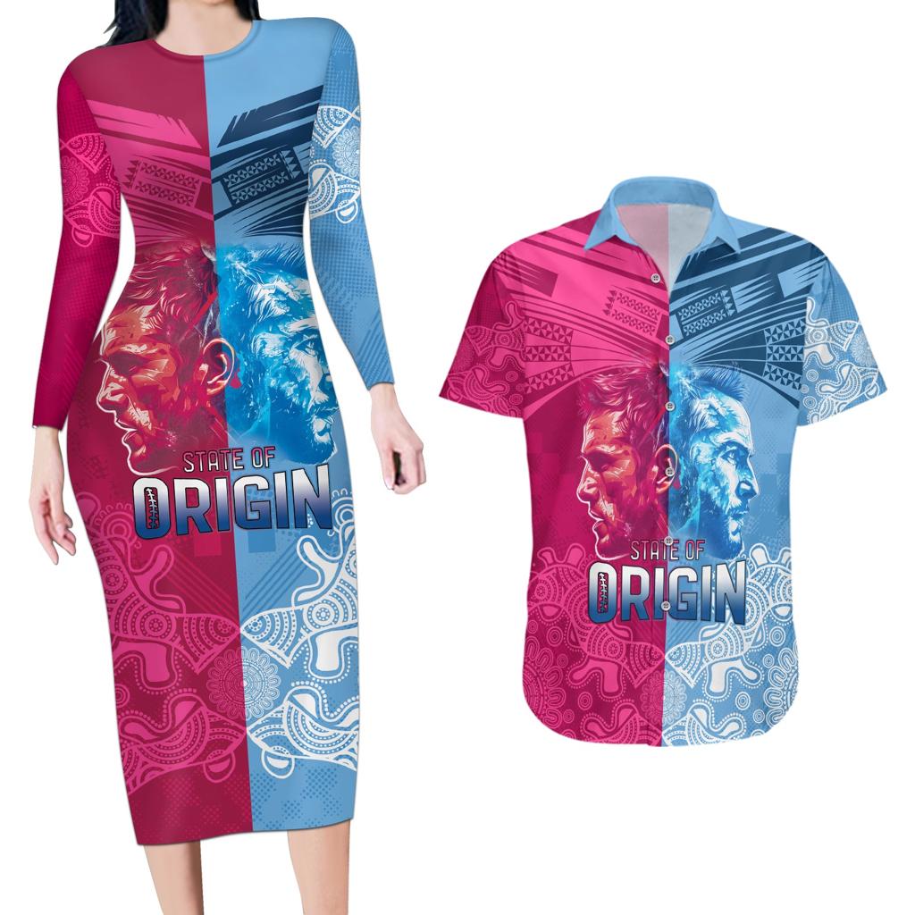 Custom New South Wales and Queensland Couples Matching Long Sleeve Bodycon Dress and Hawaiian Shirt Rugby Mascot With Sporty Style