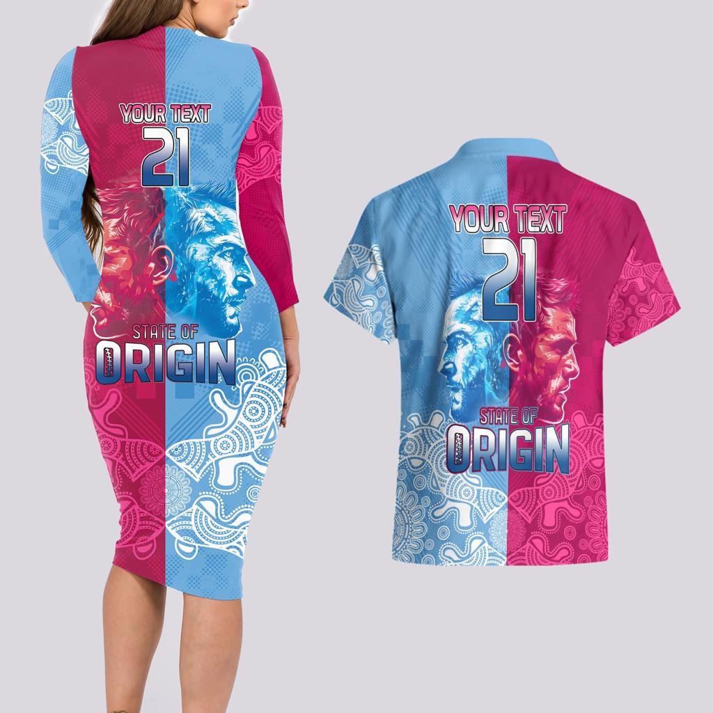 Custom New South Wales and Queensland Couples Matching Long Sleeve Bodycon Dress and Hawaiian Shirt Rugby Mascot With Sporty Style