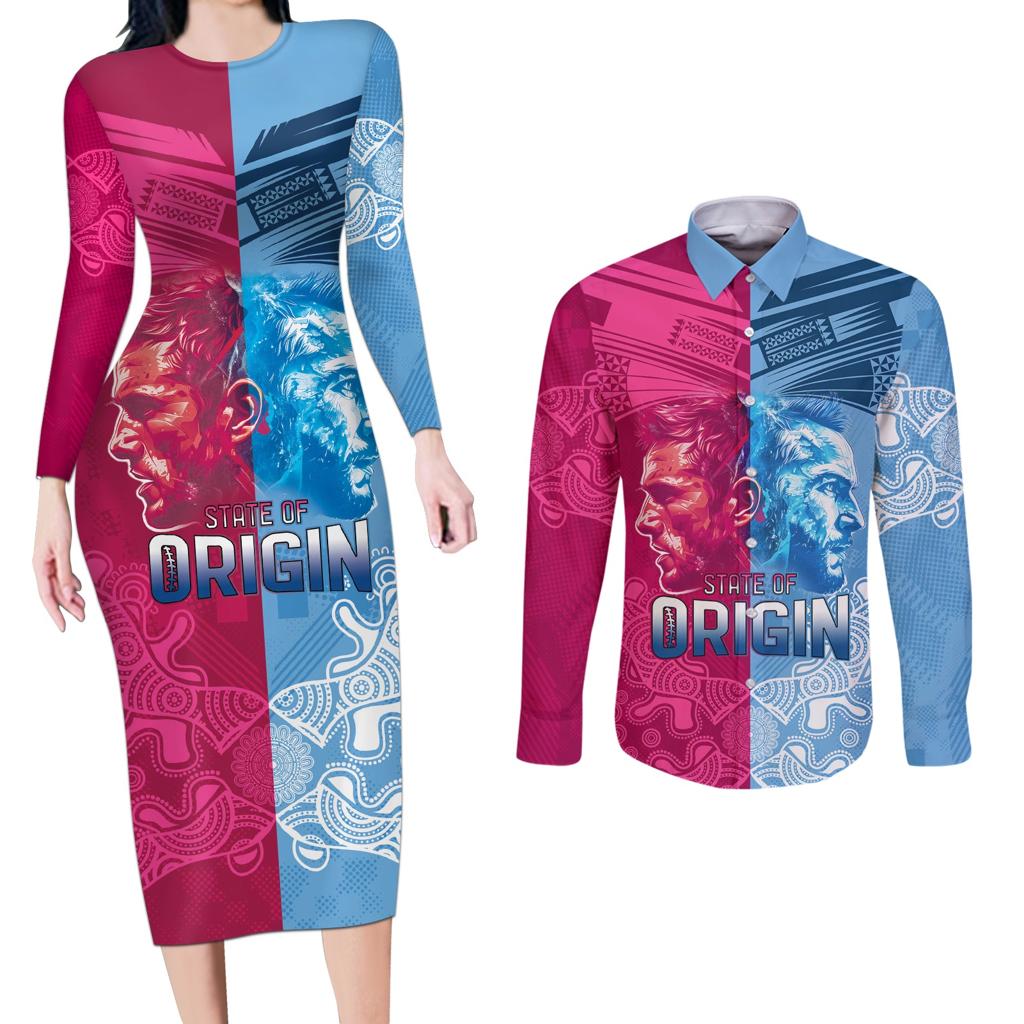 Custom New South Wales and Queensland Couples Matching Long Sleeve Bodycon Dress and Long Sleeve Button Shirt Rugby Mascot With Sporty Style