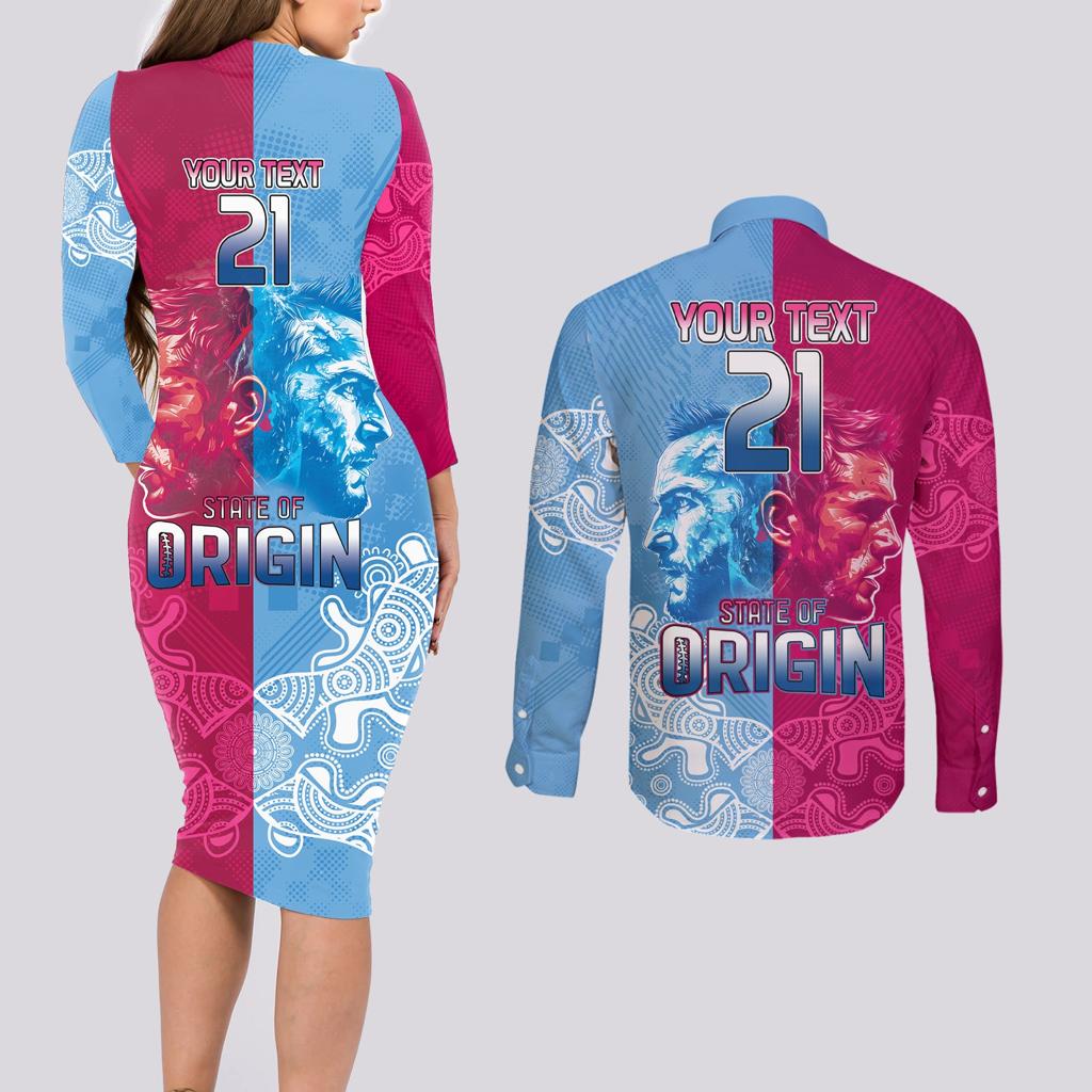 Custom New South Wales and Queensland Couples Matching Long Sleeve Bodycon Dress and Long Sleeve Button Shirt Rugby Mascot With Sporty Style