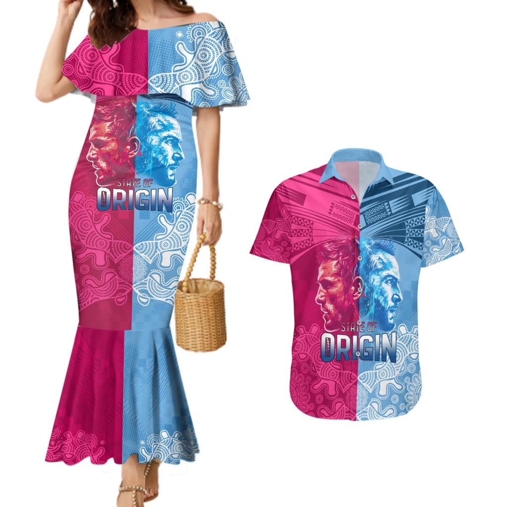 Custom New South Wales and Queensland Couples Matching Mermaid Dress and Hawaiian Shirt Rugby Mascot With Sporty Style