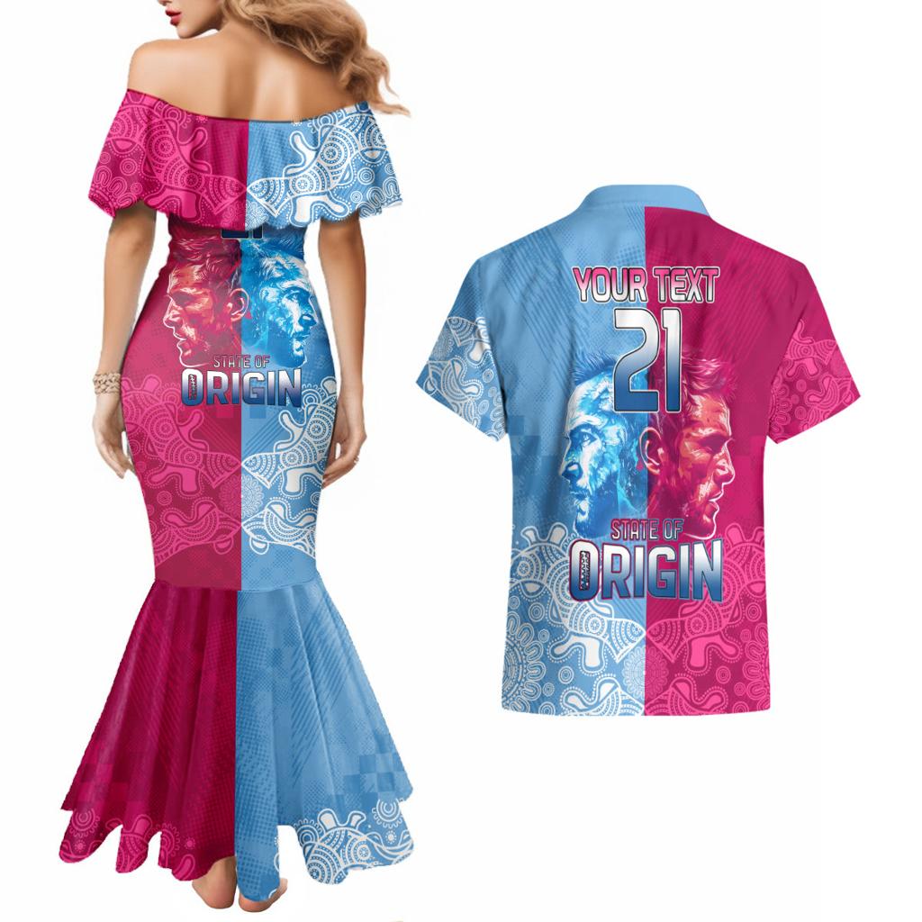 Custom New South Wales and Queensland Couples Matching Mermaid Dress and Hawaiian Shirt Rugby Mascot With Sporty Style