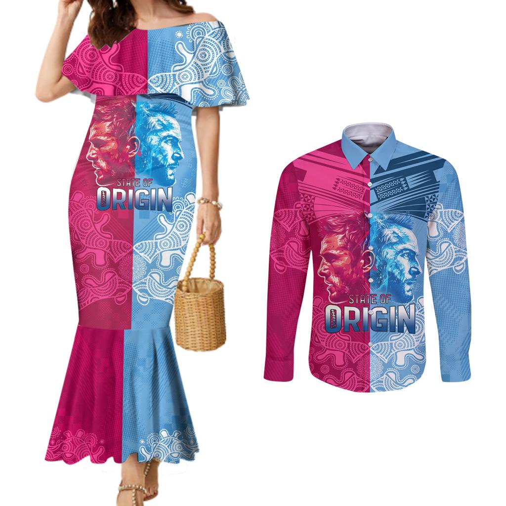 Custom New South Wales and Queensland Couples Matching Mermaid Dress and Long Sleeve Button Shirt Rugby Mascot With Sporty Style