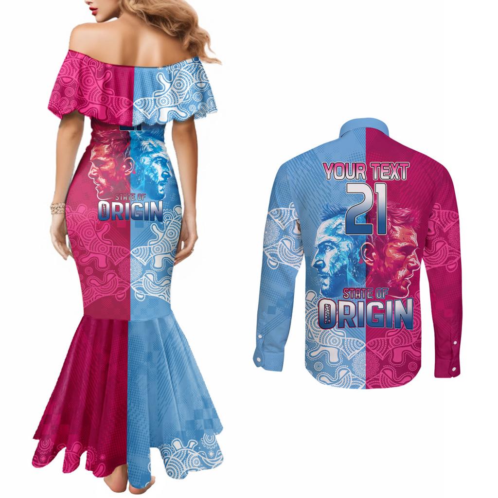 Custom New South Wales and Queensland Couples Matching Mermaid Dress and Long Sleeve Button Shirt Rugby Mascot With Sporty Style