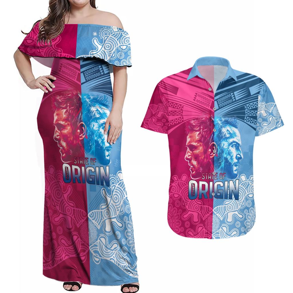 Custom New South Wales and Queensland Couples Matching Off Shoulder Maxi Dress and Hawaiian Shirt Rugby Mascot With Sporty Style