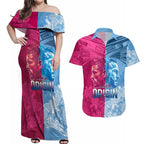 Custom New South Wales and Queensland Couples Matching Off Shoulder Maxi Dress and Hawaiian Shirt Rugby Mascot With Sporty Style