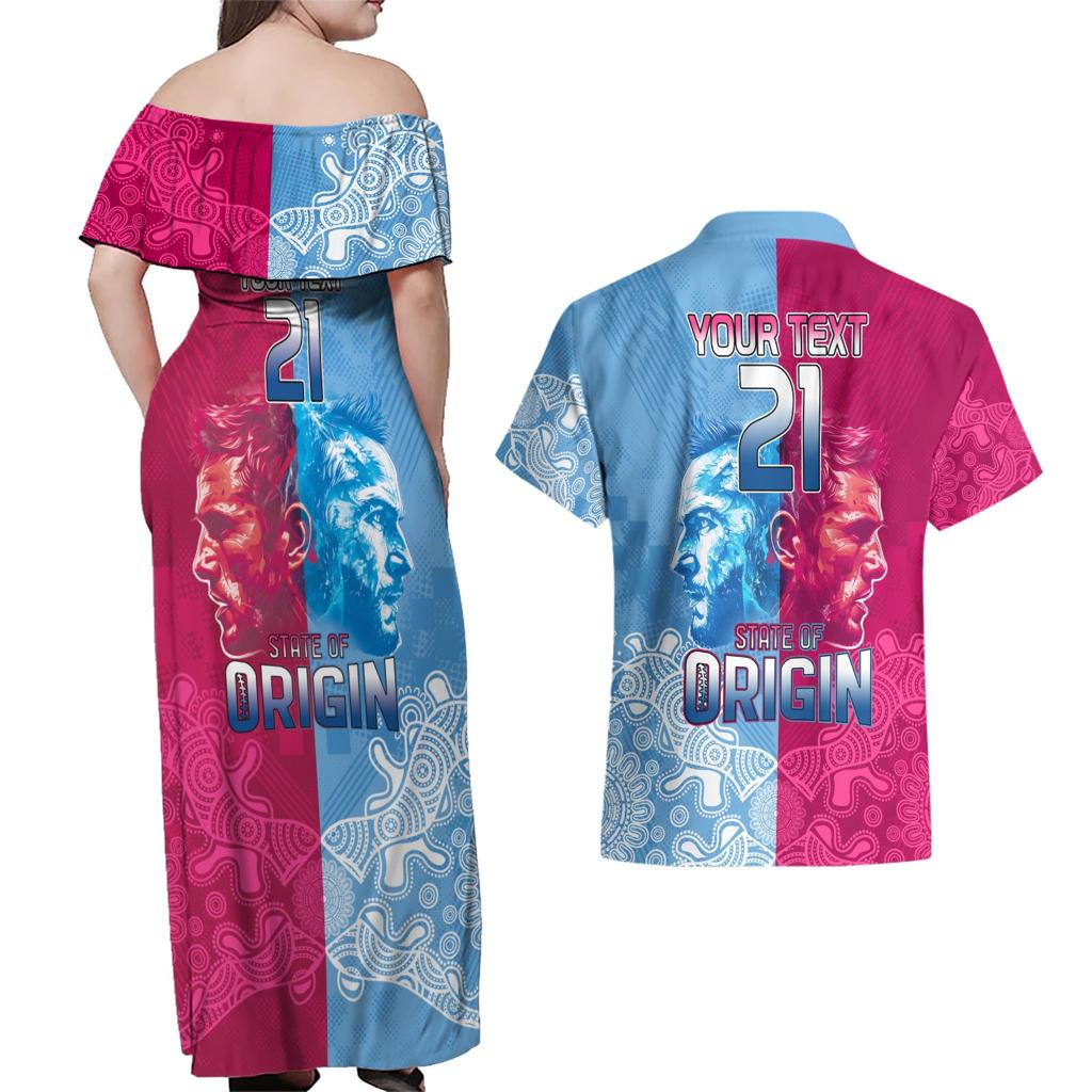 Custom New South Wales and Queensland Couples Matching Off Shoulder Maxi Dress and Hawaiian Shirt Rugby Mascot With Sporty Style