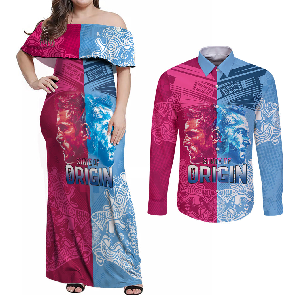 Custom New South Wales and Queensland Couples Matching Off Shoulder Maxi Dress and Long Sleeve Button Shirt Rugby Mascot With Sporty Style