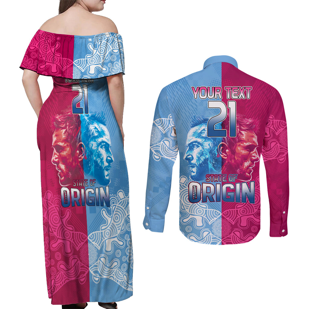 Custom New South Wales and Queensland Couples Matching Off Shoulder Maxi Dress and Long Sleeve Button Shirt Rugby Mascot With Sporty Style