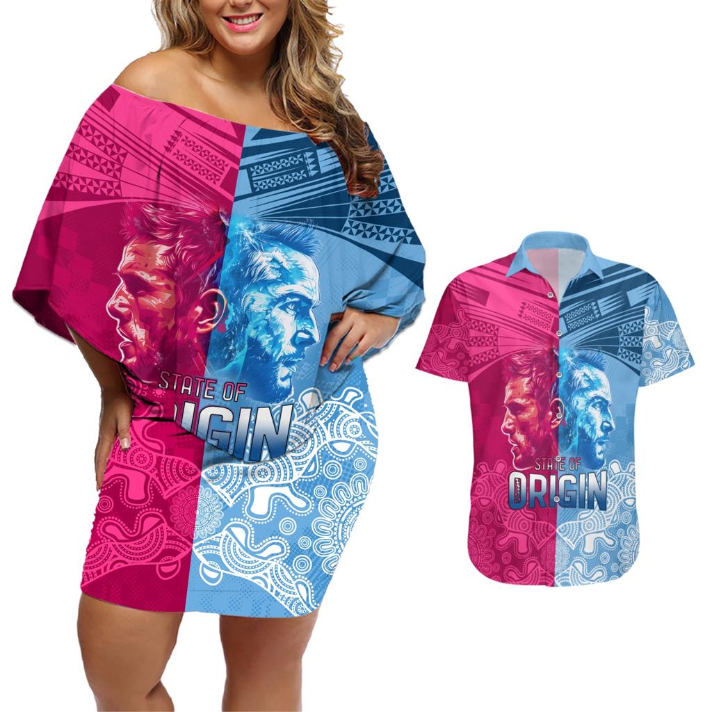 Custom New South Wales and Queensland Couples Matching Off Shoulder Short Dress and Hawaiian Shirt Rugby Mascot With Sporty Style