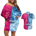 Custom New South Wales and Queensland Couples Matching Off Shoulder Short Dress and Hawaiian Shirt Rugby Mascot With Sporty Style